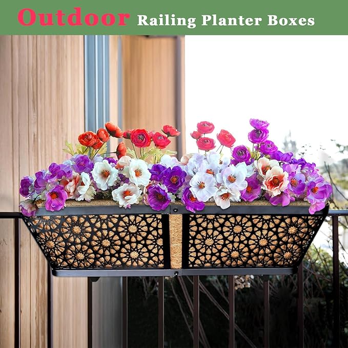 ZeeDix 3 Pack Metal Window Box for Railings, 24 Inch Over Railing Planter Boxes with Coco Liners, Hanging Flower Box Planters for Outdoor Fence Deck Porch Balcony & Patio