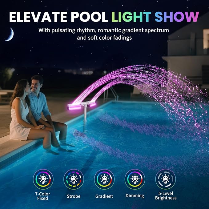 Pool Fountain 7-Color 4 Modes LED Lights for Above/Inground Pools, Dual Sprayer Sprinkler Waterfall Cool 20℉, Pool Lights with Remote, Adjustable Height 16-22", Swimming Pool Accessories,Outdoor Decor