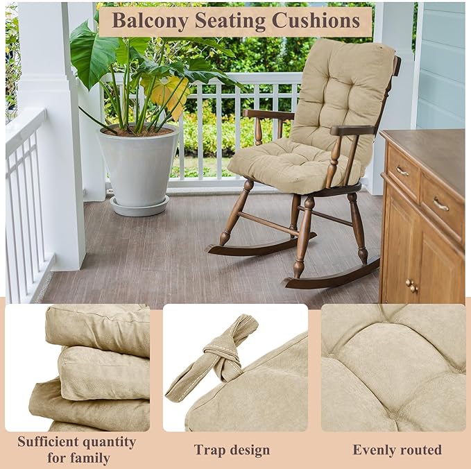 Juexica 4 Sets Outdoor Patio Chair Cushions Seat High Back Tufted Pillow Replacement Rocking Chair Cushions Pads for Patio Summer Seasonal Indoor Home Office(Beige)