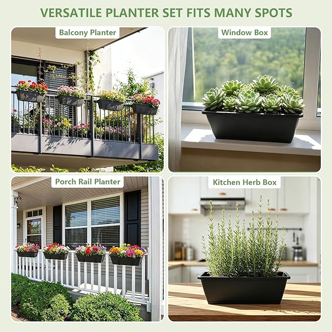 OYEAL Railing Planter Box 4 Pack Window Boxes Planters with Adjustable Brackets 17 Inch Hanging Planters for Outdoor Plants Flower Boxes for Balcony Fence Deck Railing Porch Over Rail, Black