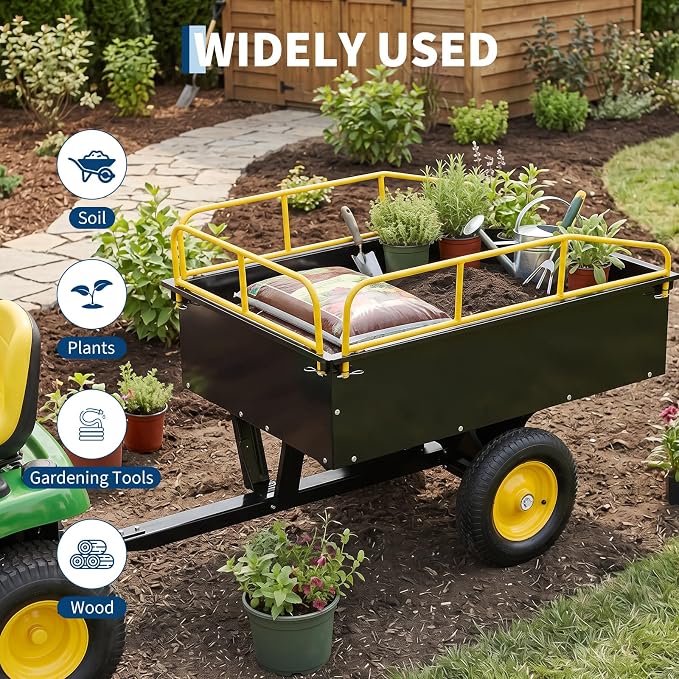 Garvee 750LB Heavy Duty Garden Dump Cart, 15 Cu ft Garden Trailer Steel Garden Cart with Removable Sides, Utility Wagon Tow Behind ATV UTV Lawn Mower Tractor, Foot Pedal Quick Dump
