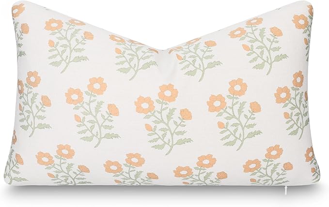 Crumbs Home Modern Farmhouse California Casual Indoor Outdoor Lumbar Pillow Cover, 12"x20" Water Repellent for Patio, Backyard, Couch, Poolside, Ivory Cream Tan Green Print Block Painting Flowers
