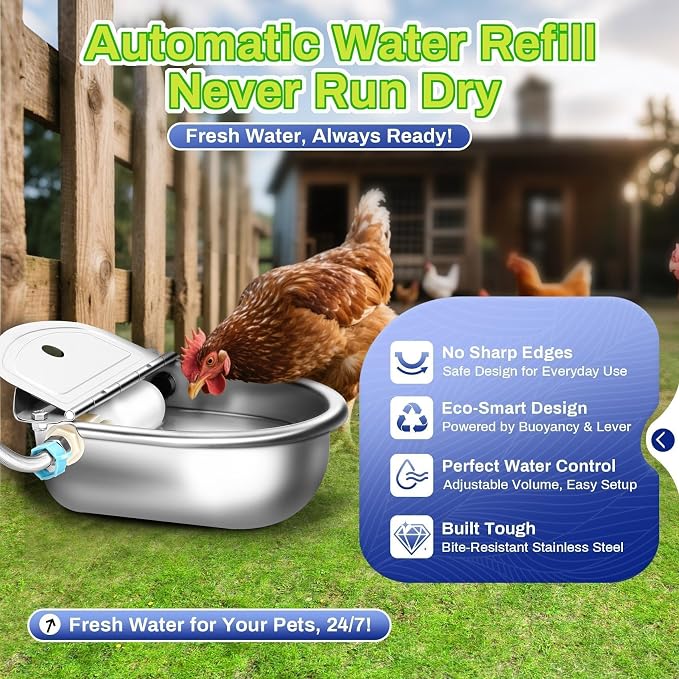Automatic Animal Drinking Water Bowl with Float Valve, Standard Pipe, Stainless Steel Waterer Feeder Farm Dog Dispenser Kit Self Filling for Livestock Horse Goat Water Trough