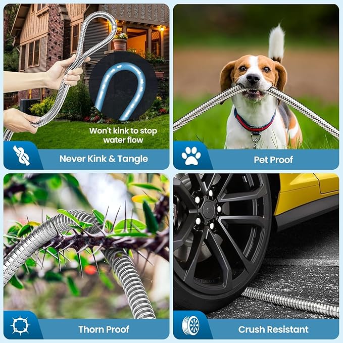 Metal Garden Hose 100FT, Stainless Steel Water Hose with 10 Function Nozzle, Solid Brass Fittings, Lightweight, Kink-Free & Dog Chew Proof for Lawn, Yard, RV, Car Wash, 550PSI