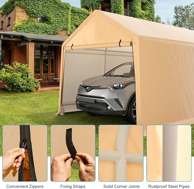 Tangkula 10.5x17 Ft Heavy Duty Carport, Portable Garage with Roll-up Front Door, Metal Car Port with Reinforced Ratchet Straps, Outdoor Car Canopy for Auto, Truck, Boat, SUV