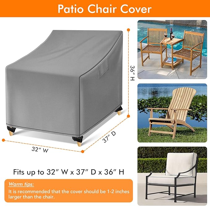 WLEAFJ Outdoor Adirondack Chair Covers Waterproof, Gray Lawn Patio Furniture Covers, Heavy Duty Wicker Garden Sofa Chair Cover, 2 Pack - 32" W x 37" D x 36" H
