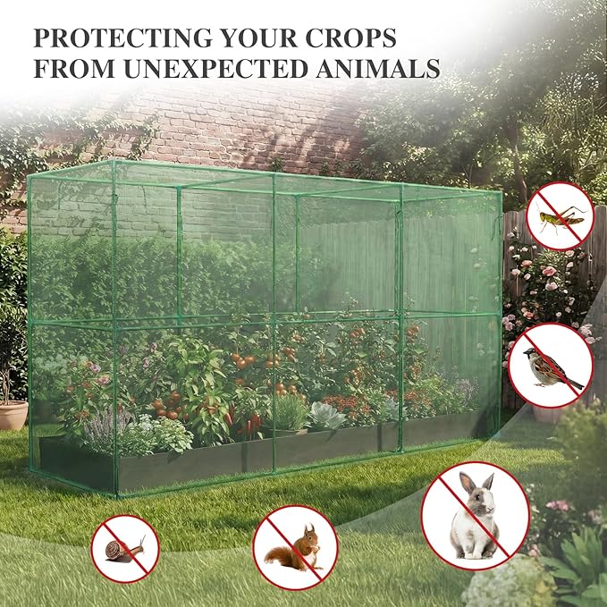 BPS Crop Cages for Garden Plant, 12x4x6 Ft Plant Netting Protection Tent with Zippered Door for Plants, Raised Garden Bed Cover with Frame for Vegetables, Fruits and Flowers