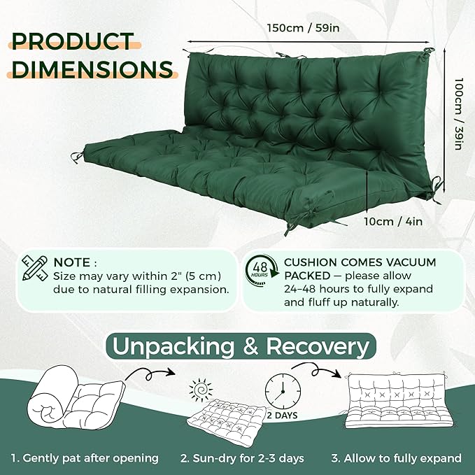 Porch Swing Cushions 60 Inch,Waterproof Patio 2 3 Seater Replacement for Outdoor Furniture with Backrest&Strap,Thick 4" Swing Seat Cushion for Loveseat Garden Glider Bench Lawn Backyard,60X40 Inch