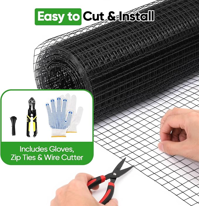 Black Hardware Cloth 48in x 100ft – 19 Gauge Vinyl Coated Steel Wire Mesh Roll, 1" Square Welded Fence for Chicken Coop, Garden Barrier, Animal Control, Outdoor Pet Enclosure, Rodent Proofing