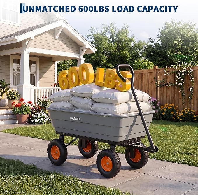 Garvee Poly Garden Dump Cart, Heavy Duty 600lbs Wheelbarrow Yard Cart Dump Wagon with 10”All Terrain Wheels, Garden Utility Wagon with Quick Release System& Convertible Handle Attach to ATV (Gray)