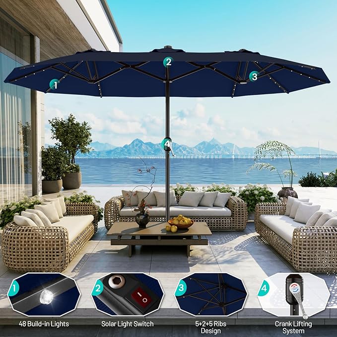 AreShark 15FT Patio Umbrella with Solar Lights, Double Sided Outdoor Table Umbrellas with Crank, Large Rectangular Market Umbrella for Porch, Lawn, Pool, Backyard, Navy