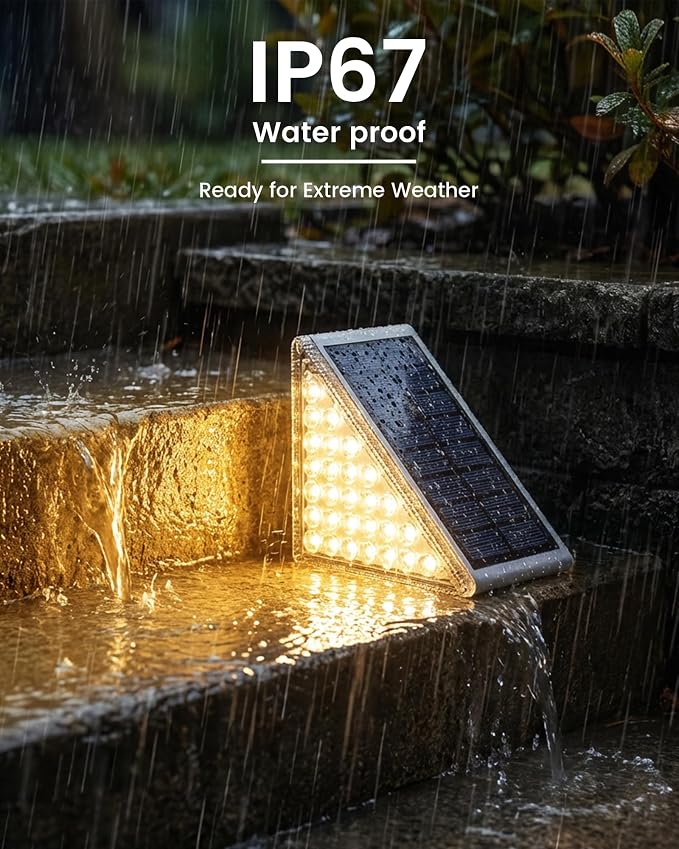 NIORSUN Outdoor Step Lights, Upgraded 28 LEDs 2 Brightness Modes, IP67 Waterproof Solar Stair Lights for Outside Steps, 1200mAh Battery Long Runtime Warm White for Patio Deck Yard Porch, 6 Pack