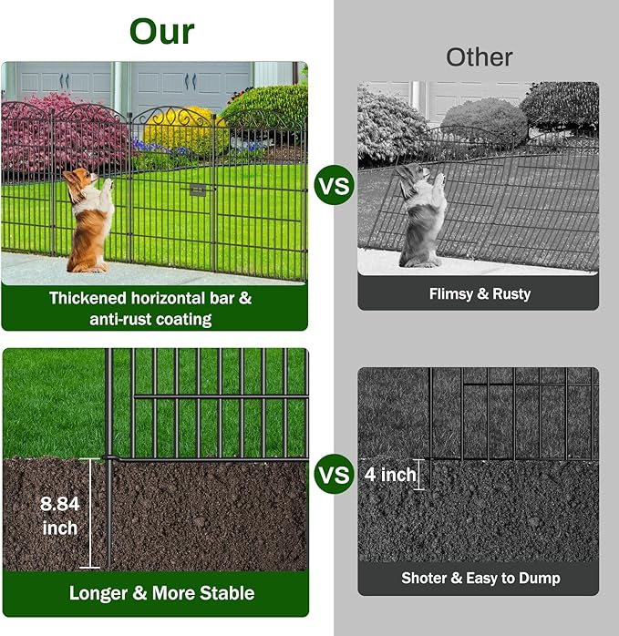 12 Panel Garden Fence with Gate - 36in H x 24.1 ft L, No Dig Rustproof Metal Tall Animal Barrier for Dogs Rabbits, Decorative Outdoor Border for Yard, Patio, and Flower Beds