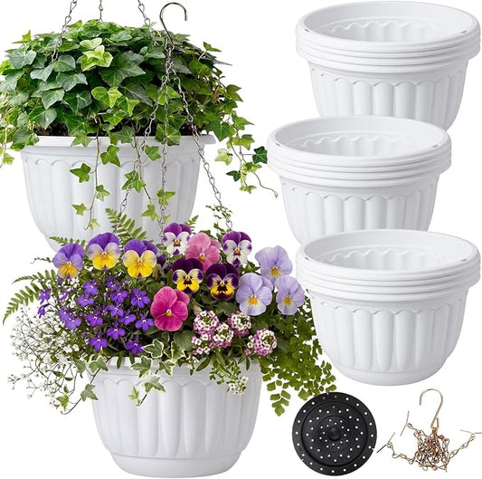 12 Sets Hanging Planters for Indoor and Outdoor Plants Self Watering Hanging Basket Flower Pots Plastic Plant Pots with Drainage Hole and Absorbing Tray(White,10 Inch)