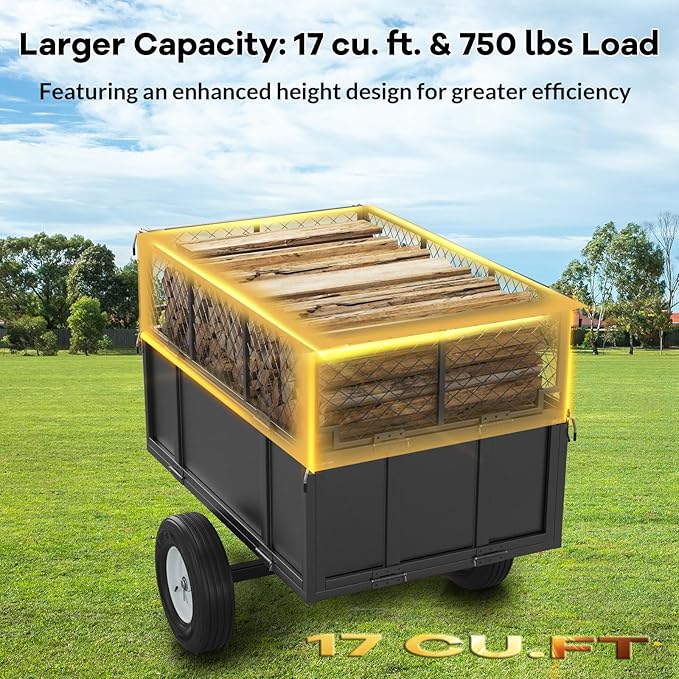 GarveeLife Heavy Duty 750 lbs Steel Garden Dump Cart for ATV/UTV – 17 Cu Ft Utility Trailer – Removable Sides, Pneumatic Tires, Quick-Dump – Yard Cart for Lawn Tractor, Mower, Farm & Landscaping