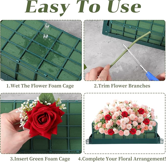 4 Pcs Floral Foam Cage with Foam, Green Plastic Rectangle Flower Holder, 11.8 x 4.7 x 3.1 Inches, Arrangement Supplies for Fresh or Artificial Flowers, Wedding, Home Decor, Centerpieces