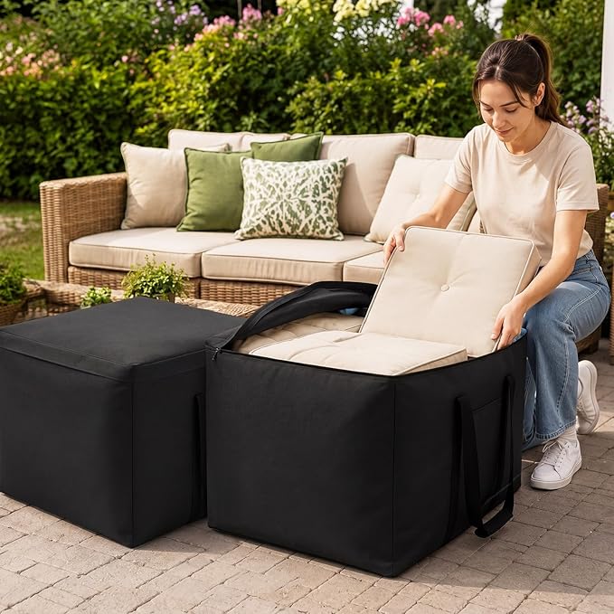 Sadnyy 2 Pack Cushion Storage Bags 32 x 32 x 24 Inch Waterproof Outdoor Furniture Square Cushion Organizer with Handle & Double Zipper, Large Black Bag for Patio Sofa, Chair, Bench, Christmas Tree