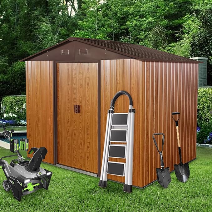 8FT x 6FT Outdoor Metal Storage Shed, Galvanized Steel Garden Shed with Lockable Sliding Door, Ventilated Tool Storage House with Foundation Kit, UV Resistant Backyard Shed forPatio Storage, Coffee