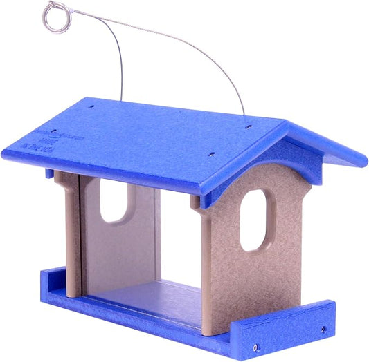 Bluebird Feeder - Poly Lumber - Hanging Blue Bird Feeder for Mealworms (Blue and Weathered Wood)