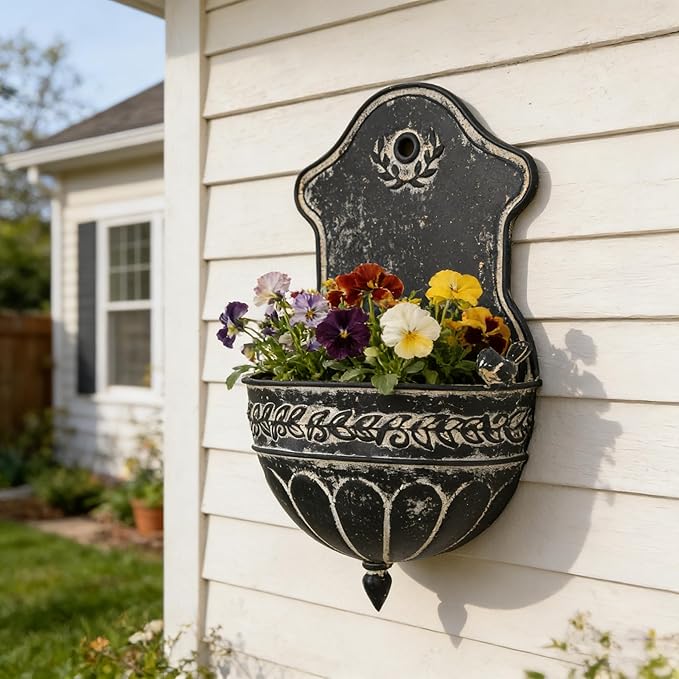 Vintage Rustic Wall Planter Distressed Decor Iron Hanging Plant Basket Shabby Metal Wall Mounted Flower Holder Pot Stand for Indoor Outdoor Home Balcony Patio Farmhouse Garden Decorative Bird Black