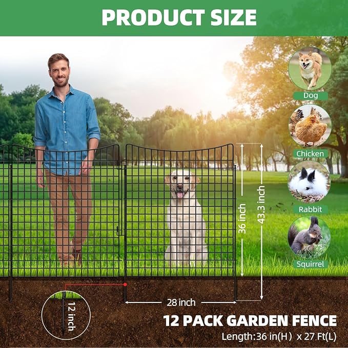 12 Panels 36 in(H) X 27ft(L) Dog Fence Outdoor for Yard with Lock, Garden Fence Animal Barrier, Decorative Metal Wire Fence Panel Tall Fencing for Garden, Patios, Flower Bed
