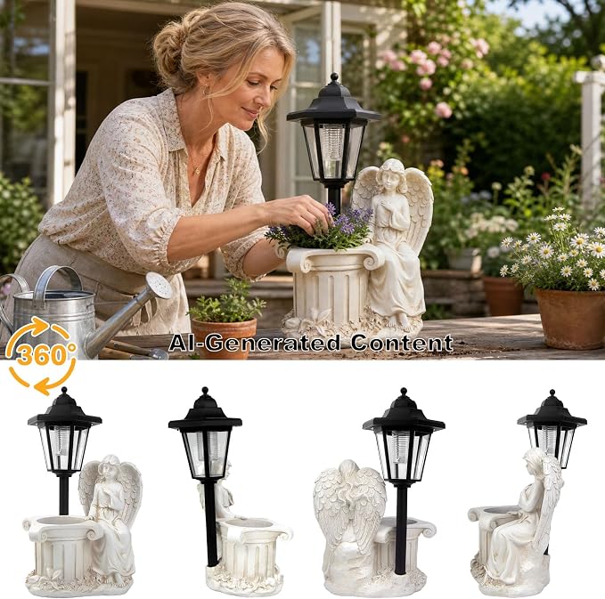 Solar Angel Outdoor Statues, Garden Sculptures with Lantern & Flower Pot, Angel Figurines for Yard Lawn Porch Patio Balcony Decor- Gifts for Women Mom Grandma