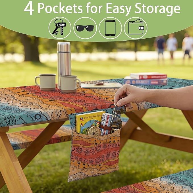 Fitted Waterproof Picnic Table Cover with Bench Covers Heavy Duty Elastic Outdoor Camping Tablecloth for 8 Foot Rectangle Tables Summer Rv Accessories Patio Garden Road Trip Essentials Gifts