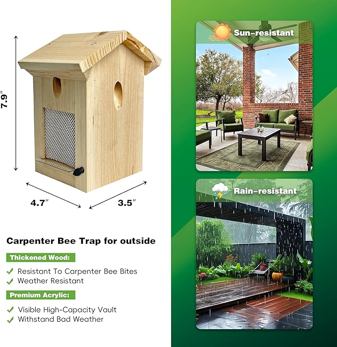 Carpenter Bee Traps for Outside, Piched Roof Nature Hanging Wood Boring Bee Trap for Outdoor Insect Trap (1 PCS)