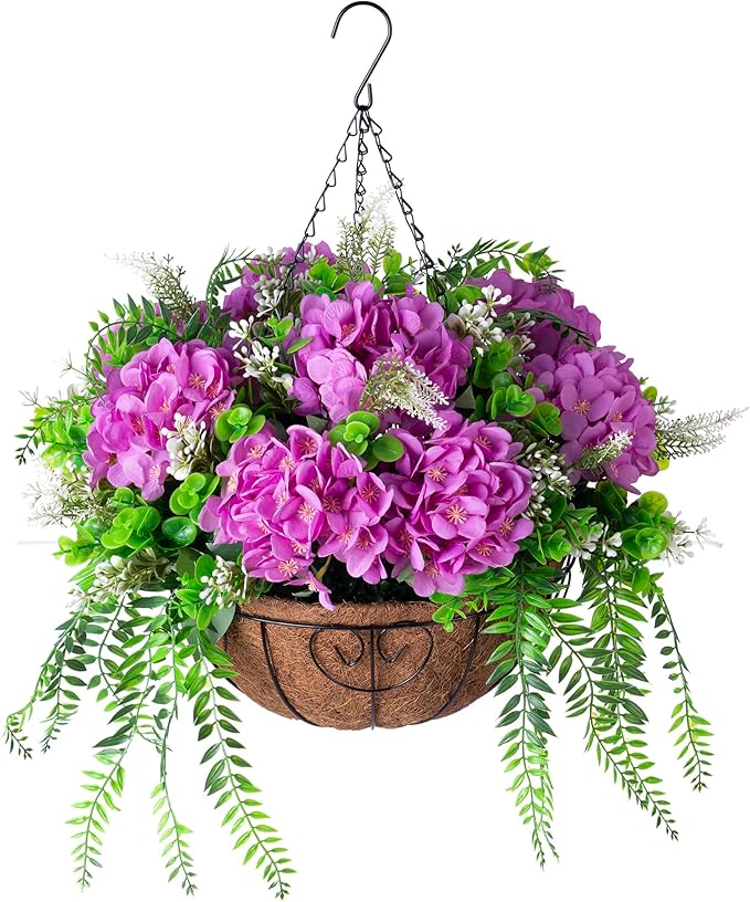 Ammyoo Artificial Flowers in Hanging Basket Planter for Home Spring Summer Decoration, Silk Hydrangea Outdoor Indoor Arrangements, 12" Metal Coconut Lining Basket with Faux Plant(Purple)