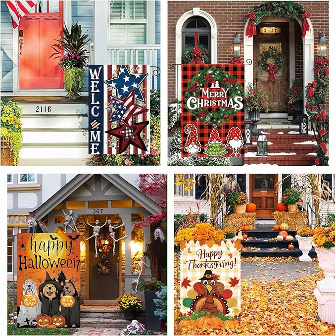 Seasonal Garden Flags Set of 12 Double Sided 12x18 Inch, Small Yard Flags for Outside, Spring Summer Fall Winter & Holiday Outdoor Decor, Halloween Christmas Easter Decorations for All Seasons