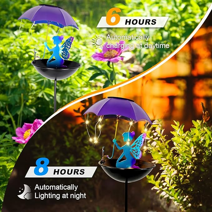 Solar Fairy Garden Decor Solar Bird Feeder with Umbrella Gifts for Women Yard Outdoor Decorations Stake Metal for Patio Yard Festival Pathway Landscape Lawn