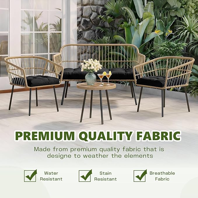 Wicker Chair Cushions Set, 2 U-Shaped Cushions & 1 Loveseat, Waterproof Outdoor Loveseat Cushion for Patio Furniture, Settee Bench Pad All Weather,Black
