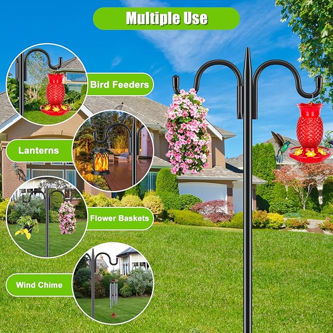 Gtongoko Bird Feeder Pole for Outdoors Heavy Duty, 2 Pack 77 Inch Double Shepherds Hook with 5-Prong Stable Base, 3/4 Inch Thick Hummingbird Feeder Stand for Hanging Plants, Lanterns