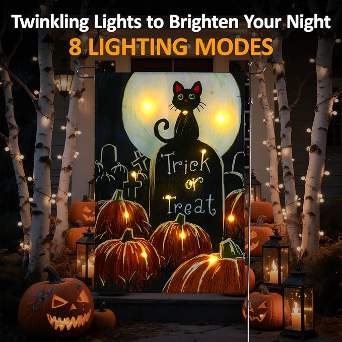 Solar Lighted Christmas Black Cat & Pumpkin Garden Flag Stake, Double-Sided Outdoor Yard Decor, LED Flag for Patio Lawn Thanksgiving Party Winter Holiday Decorations & Gifts