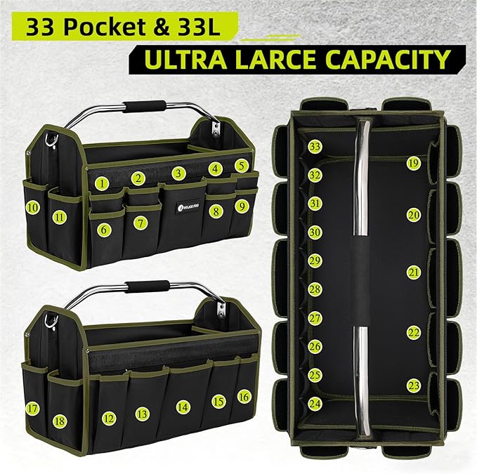 16in Foldable Open Top Tool Tote, Tool Bags For Men Heavy Duty, Tool Carrier tool bag hard With Handle, Wide Mouth Electrician Tool Tote, Many Pockets Can Hold Many
