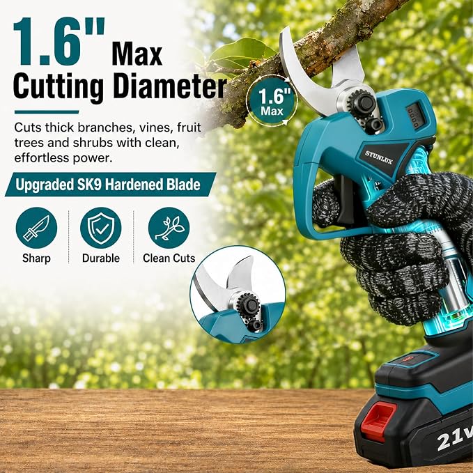 Electric Pruning Shears Cordless, 1.6" Cutting Diameter Brushless Motor Pruner with 2×2.0Ah Rechargeable Batteries, SK9 Blade, Battery Powered Tree Branch Cutter for Garden