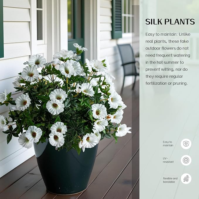 White Artificial Morning Glory Flowers for Outdoor Planters, UV Resistant Silk Faux Flowers for Hanging Basket, Porch & Window Box, Lifelike Farmhouse Garden Decor, No Pot, 13.3 Inch, 4 Bundles