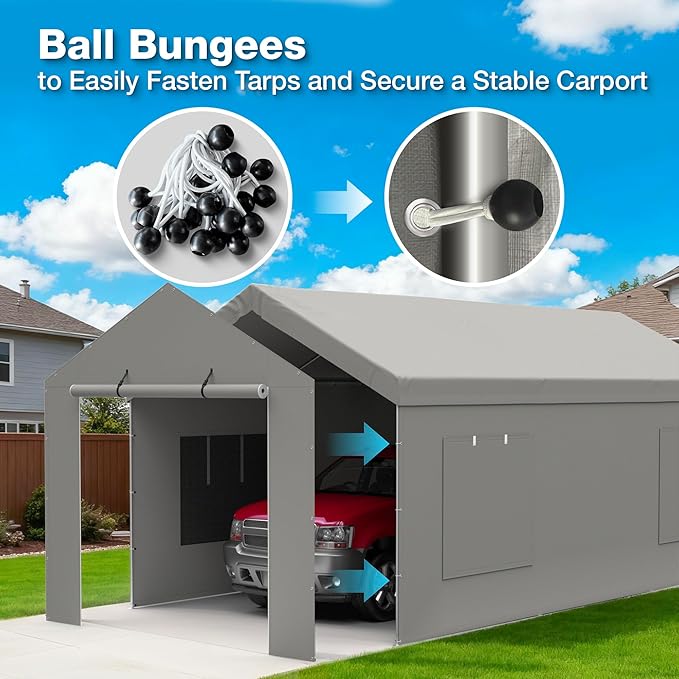 Carport Canopy Replacement Zipper Door Fits 12x20 FT Carport, Waterproof & UV Protected, Easy Assembly with Ball Bungees, Grey (Door Panel Only, 1 Pack)