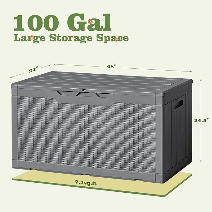 Flamaker Outdoor Storage Box 100 Gallon Waterproof Resin Deck Box Delivery Box with Air Rod Indoor Outdoor Lockable Storage Bench for Patio Cushions, Tools, Pool Accessories (Gray)