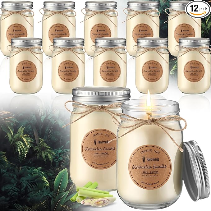 MTLEE 12 Pcs Citronella Candles Outdoor 12 oz Citronella Scented Jar Candles Decorative with Silver Lid for Outdoor Patio Deck Backyard Camping
