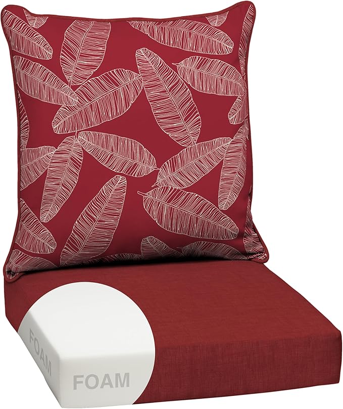 Arden Outdoor Foam Deep Seat Cushion Set, 24 in x 24 in, Weather-Proof, Rain-Proof, Fade Resistant Patio Cushion, Bottom and Back Cushion for Chair, Sofa, and Couch Red Leaf Palm