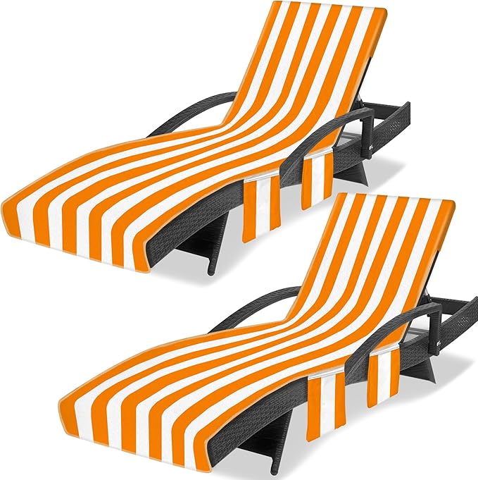 Lounge Chair Towel Cover, Beach Chair Covers (Pack of 2), Chaise Lounge Cover with 3 Pockets for Pool Beach Courtyard Garden Outdoor Trips, 85 x30 in, Striped White Orange