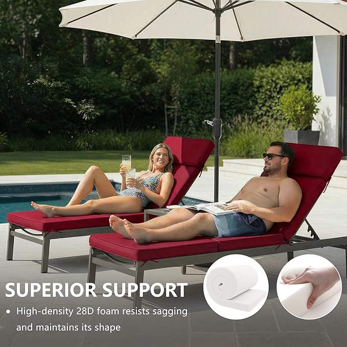 72 x 21 Inch Outdoor Chaise Lounge Cushions Set of 2 - Removable Cover, 4-Section Design, Water-Repellent & Fade-Resistant, 6 Tie Straps, Replacement for Patio & Pool Chairs - Burgundy