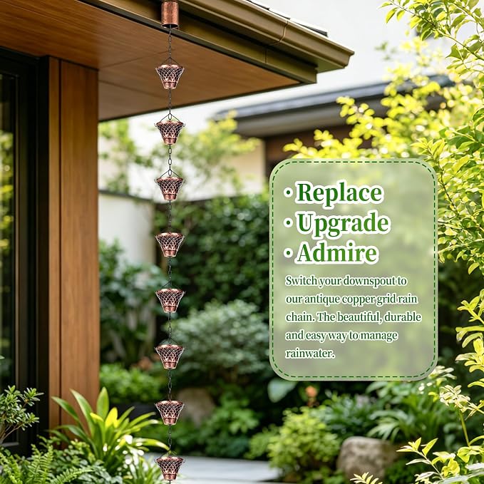 Rain Chains for Gutters Outside 8.5FT Copper Rain Catcher Chain with Adapter 12 Cups Decorative Replacement for Downspout