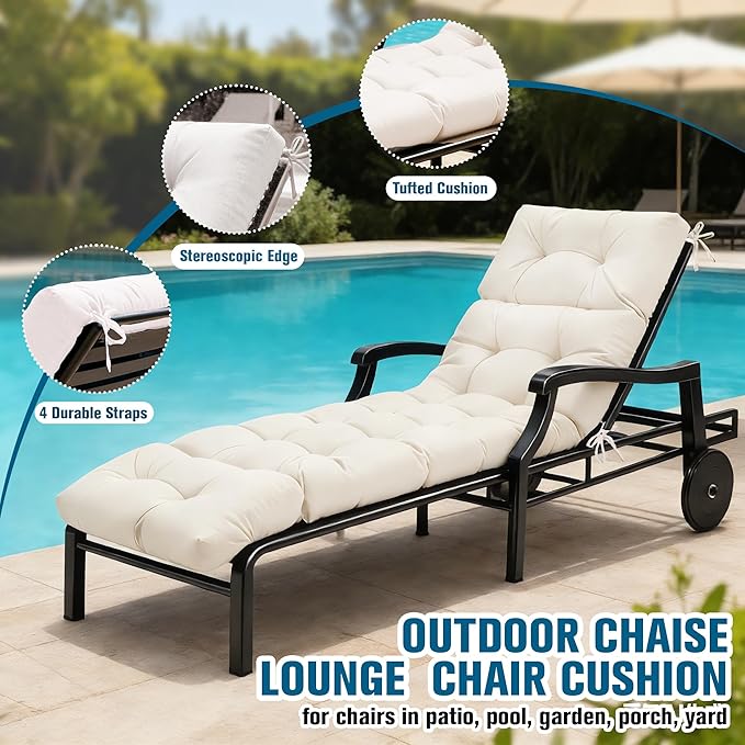 MTMR Chaise Lounge Cushion Outdoor, Non-Slip Chair Cushion for Patio Furniture, Waterproof Outdoor Replacement Seat Pad for Pool Lawn Wicker Couch Bench Loveseat, Long Thick Lounge Cushion, Beige