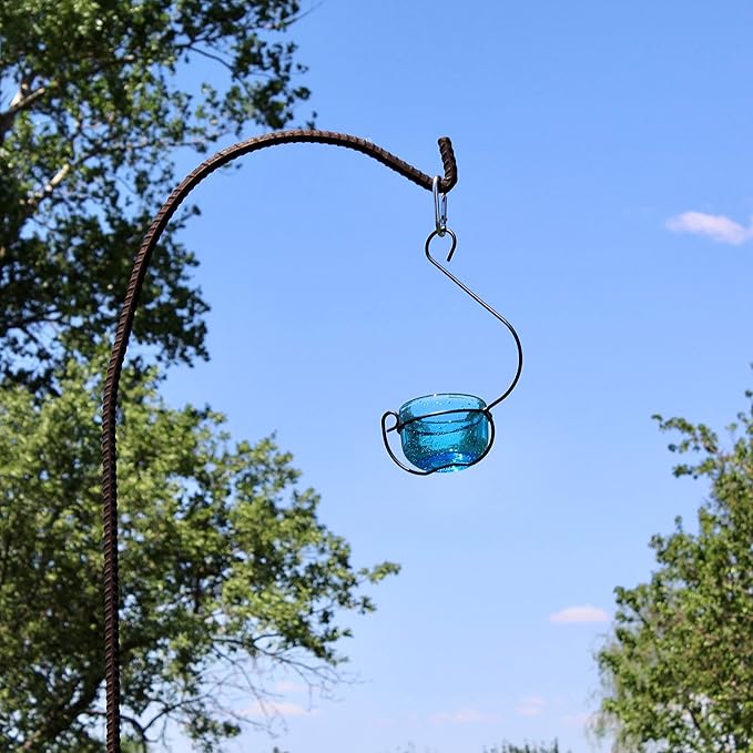 Bluebird Mealworm Feeder - Sparkling Blue Glass Bowl with Decorative Hanging Hook - Removable Cup for Easy Cleaning - Dried or Live Mealworm Feeder for Bluebirds Outdoors