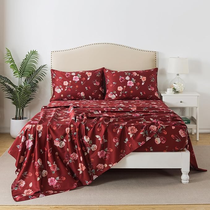 FADFAY Red Rose Sheets Set Queen Vintage Rose Floral Bedding Chic Rose Flower Bed Sheets Shabby Farmhouse Bedding 100% Egyptian Cotton 800 Thread Count Deep Pocket Fitted Sheet 4Pcs, Queen Size