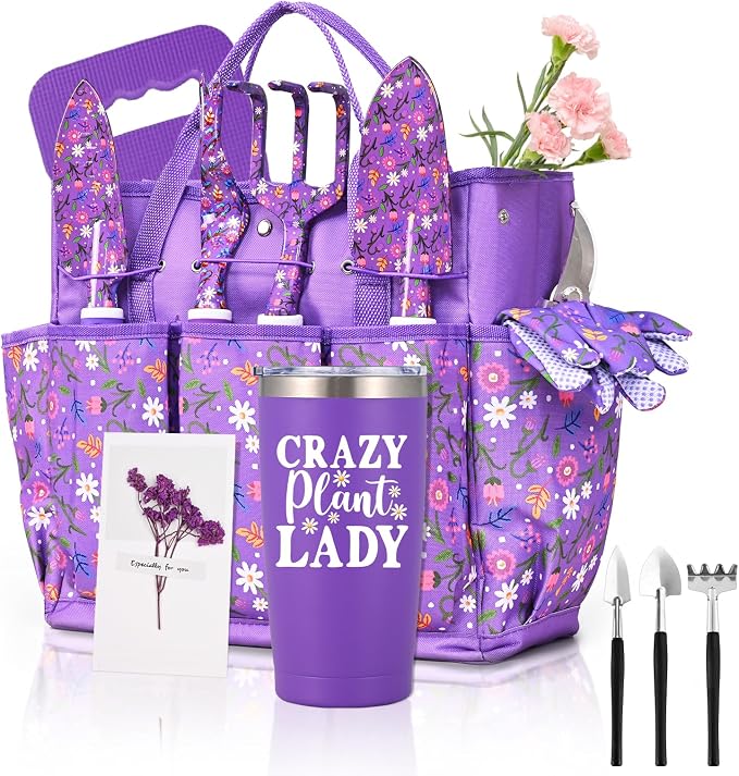 Lifecapido Gardening Gifts for Women, Garden Tool Set, 14 PCS Gardening Tools Set Kit with Tool Bag, Plant Lover Birthday Christmas Mothers Day Garden Tools Gifts for Gardeners Women Mom (Purple)