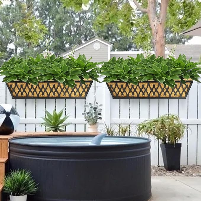 2 Pack 30 Inch Window Boxes Planters Railing Planter Box with Adjustable Brackets for Porch Fence Patio Balcony Hanging Flower Baskets with Coco Liners for Outdoor Garden Decor - Black