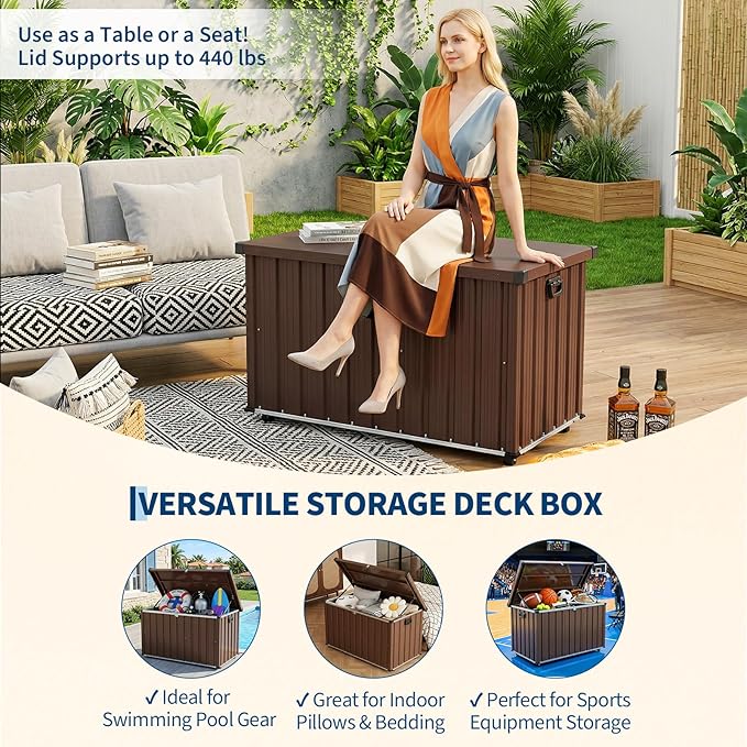 Outdoor Metal Storage Box 160 Gallon for Patio, Large Metal Deck Box Waterproof with Dual Gas Struts, Rolling Wheels and Handles, Steel Deck Box for Cushions, Tools, Pool Floats, Porch and Backyard